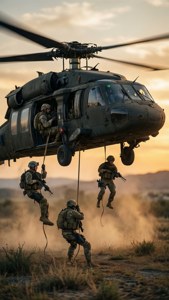 三名士兵在沙漠日落時從軍用直升機上垂降。