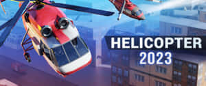 兩架紅白相間的直升機在城市上空飛行，帶有 'HELICOPTER 2023' 文字。 — 直升機 壁紙
