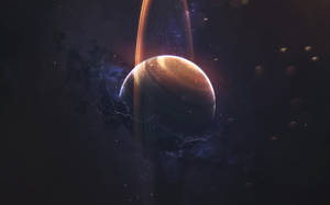 在繁星點點的太空場景中，一顆發光的環狀行星伴隨著閃電。