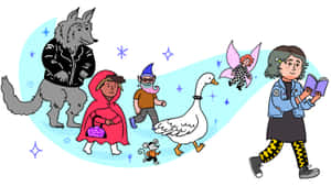 一組奇幻角色，包括狼、紅帽女孩、地精、鵝、仙女和老鼠一起行走。