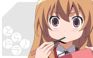 動漫女孩用筷子吃麵條並臉紅