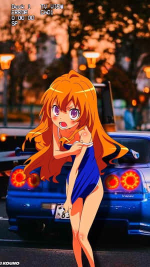 藍色泳衣的動漫女孩在夜晚的城市街道上站在藍色跑車旁。