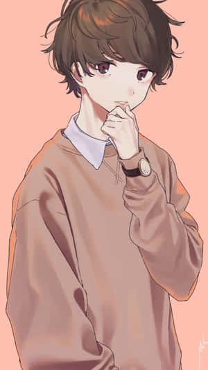 動漫男孩穿著棕色衛衣，在粉紅色背景上托腮思考 — 動漫男孩 壁紙