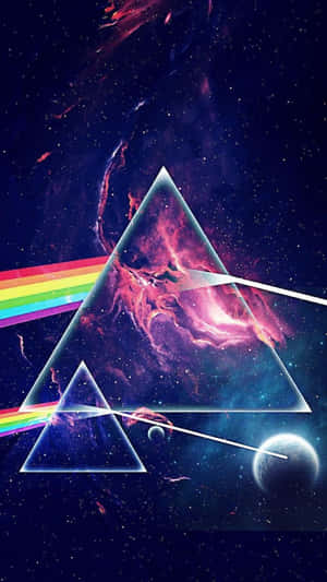 一個發光的三角形棱鏡在星空宇宙場景中折射出彩虹光。