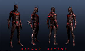 Batman Beyond 角色設計從四個角度以深色盔甲展示。