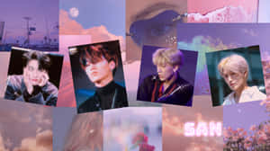 K-pop偶像在粉彩夢幻場景中的拼貼畫，帶有月亮和閃粉。