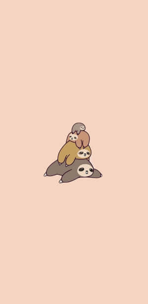 四隻堆疊的卡通樹懶在蜜桃色背景上。 — 小樹懶gif 壁紙