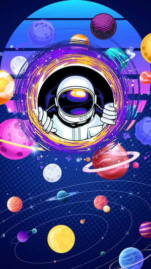 一個卡通太空人漂浮在色彩繽紛的宇宙隧道中，伴隨著行星和星星。