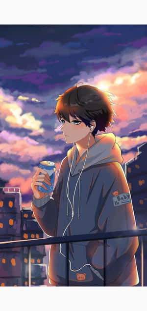 動漫男孩在陽台上戴著耳機，在日落時分啜飲飲料。 — 動畫小孩 壁紙