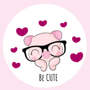 一隻戴著眼鏡微笑的卡通豬，被心形環繞，並帶有文字 be cute。