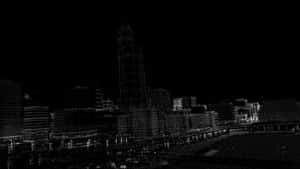 像素化城市天際線夜景，發光燈光映襯黑暗天空