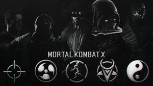 Mortal Kombat X遊戲標誌，包含五個戰士剪影和陣營符號。