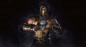 Mortal Kombat 角色在黑暗煙霧中於金色盔甲下顯露蝙蝠標誌