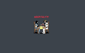 兩個戴著口罩的人在餐桌旁用餐，上方有「HOSPITALITY!」文字。