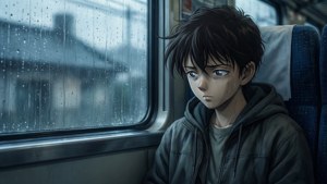 一個悲傷的動畫男孩在雨中的火車上哭泣，窗戶上有水滴。 — 新世紀福音戰士 GIF 壁紙