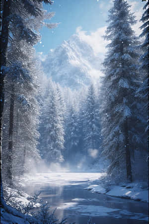 白雪覆蓋的松樹排列在一條結冰的河流兩旁，河流在晴朗的藍天下流向一座雪山。 — 冬天 壁紙
