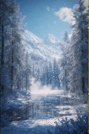 白雪覆蓋的松樹排列在一條霧氣瀰漫的河流兩旁，流向遠方的山脈，天空清澈湛藍。