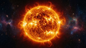 一顆燃燒的太陽伴隨著太陽耀斑，以色彩繽紛的星雲和星場為背景。