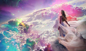 身穿白色長裙的女性站在雲端上俯瞰色彩繽紛的宇宙天空。 — 柔粉 壁紙