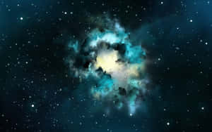 一個充滿活力的宇宙星雲在深空中發光，周圍環繞著星星。