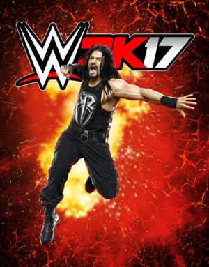 身穿黑色裝備的WWE摔角手Roman Reigns在熾熱熔岩中跳躍，帶有RAW 17標誌。