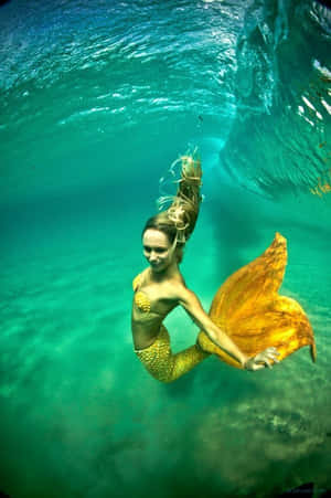 一名打扮成人魚的女子在清澈的藍綠色海水中游泳。