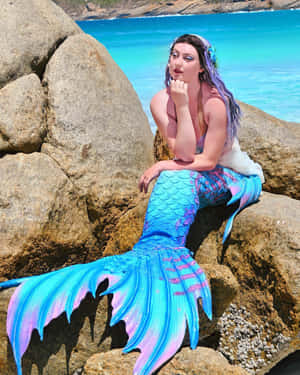 一個穿著彩色美人魚尾巴的人坐在海邊的岩石上。