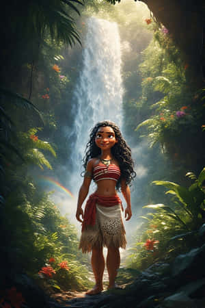 Moana 站在叢林中，瀑布前有彩虹在霧中。 — iPhone 4 壁紙