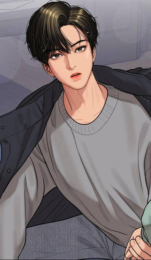 年輕動漫男子穿著灰色毛衣和黑色外套，在室內表情嚴肅 — 成振宇 壁紙