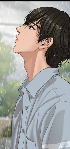 雨中年輕男子抬頭仰望，頭髮和襯衫濕透 — 卡通 壁紙