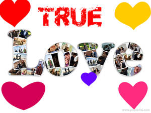帶有色彩繽紛心形和情侶照片拼貼的 True Love 文字。 — 心形 壁紙
