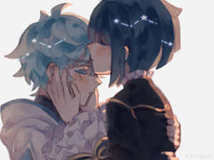 兩個動漫角色接吻，頭頂有星座。 — 愛心 壁紙