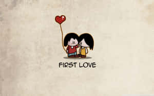 兩個卡通小孩手持紅色心形氣球，帶有「FIRST LOVE」文字。 — 愛就是愛 壁紙