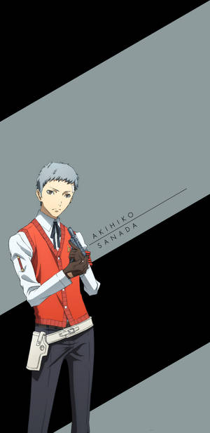 動畫角色Akihiko Sanada在分割的灰色和黑色背景前手持手槍。