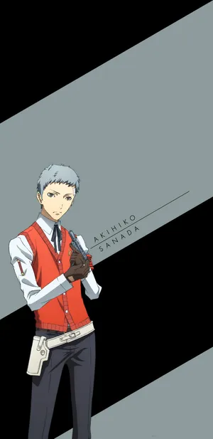 動畫角色Akihiko Sanada在分割的灰色和黑色背景前手持手槍。