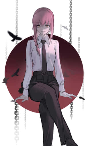 粉紅色頭髮的動漫女孩穿著校服，被鎖鏈和烏鴉包圍。