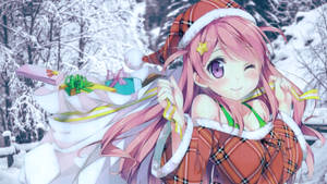 動漫女孩戴聖誕帽在雪地森林背禮物袋
