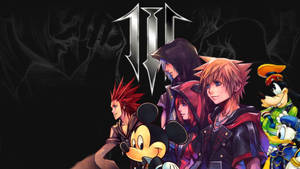 Kingdom Hearts角色，包括米奇老鼠和索拉，在遊戲標誌前。