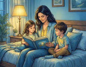 母親晚上在床上為兩個孩子讀書。