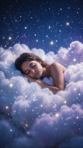 一位女性在星空下的雲朵上睡覺，伴隨著發光的光芒。 — 夢境 GIF 壁紙