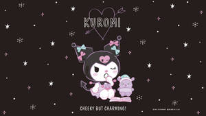 Kuromi 黑色貓咪戴著蝴蝶結，在星空下拿著一個杯子蛋糕。