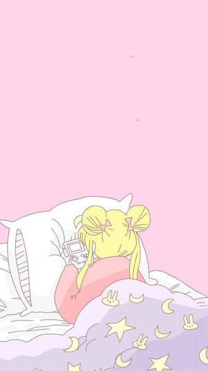 動漫女孩黃色雙馬尾在粉紅色房間蓋著星星月亮毯子睡覺。 — 粉紅 壁紙