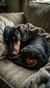 一隻臘腸犬在沙發上裹著毯子蜷縮睡覺。
