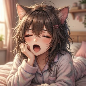 貓耳動漫女孩在床上穿著睡衣打哈欠