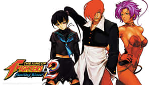 來自《The King of Fighters EX2 Howling Blood》的三位動漫角色擺出嚴肅的表情。