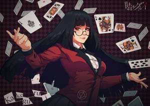 動漫女孩穿著紅色西裝，被漂浮的撲克牌包圍。