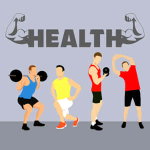 四個插圖男人在「health」一字下用啞鈴運動和伸展。