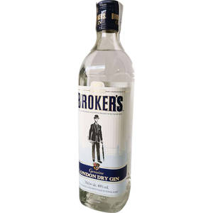 Broker's London Dry Gin瓶，標籤上有復古紳士插圖。