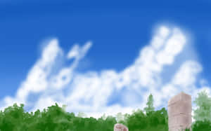 藍天白雲下的綠色樹木和灌木。 — 可愛動漫 壁紙