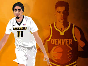 兩個穿著Mizzou和Denver球衣的插圖籃球運動員，橙色背景。
